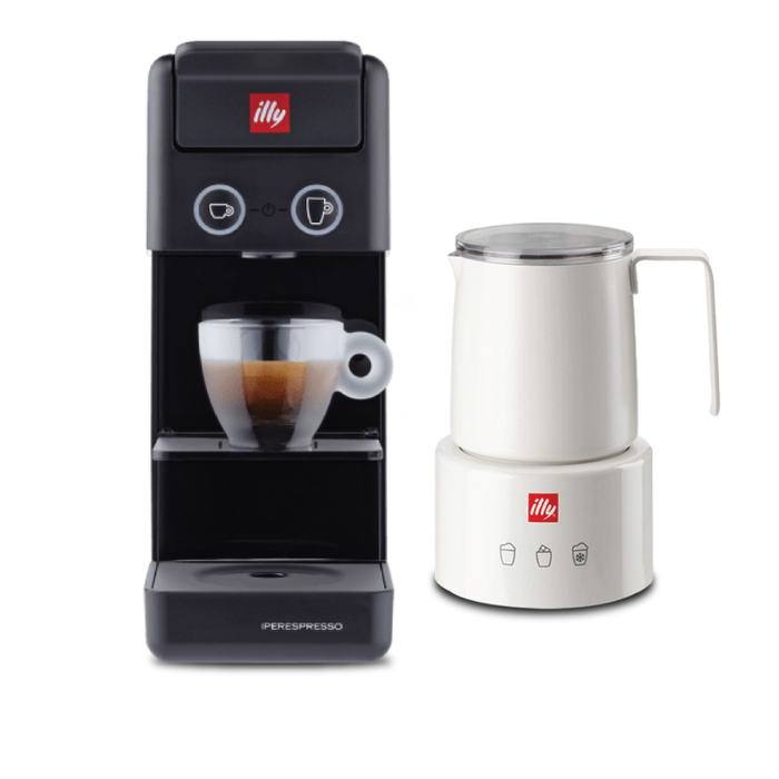 Y3.3 iperEspresso Coffee Machine (Black) + illy Electric Induction Milk Frother (White)