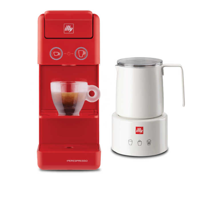 Y3.3 iperEspresso Coffee Machine (Red) + illy Electric Induction Milk Frother (White)